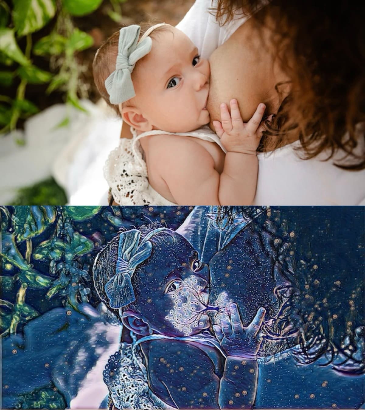 Before and after a Tree of Life breastfeeding photo transformation