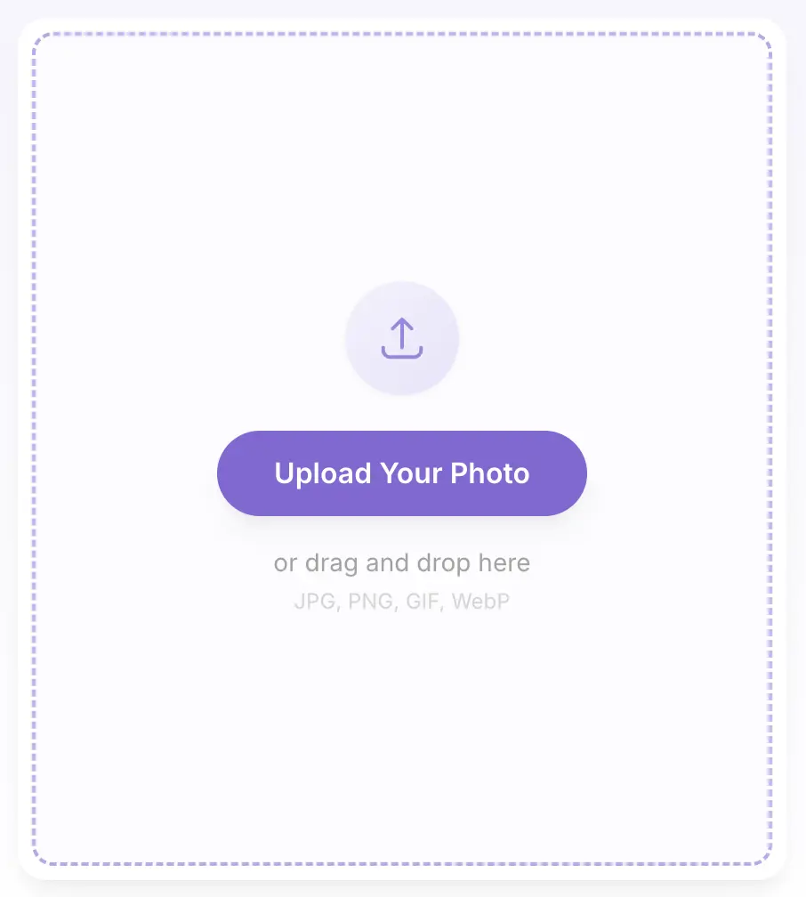 Upload screen showing drag and drop area with Upload Your Photo button