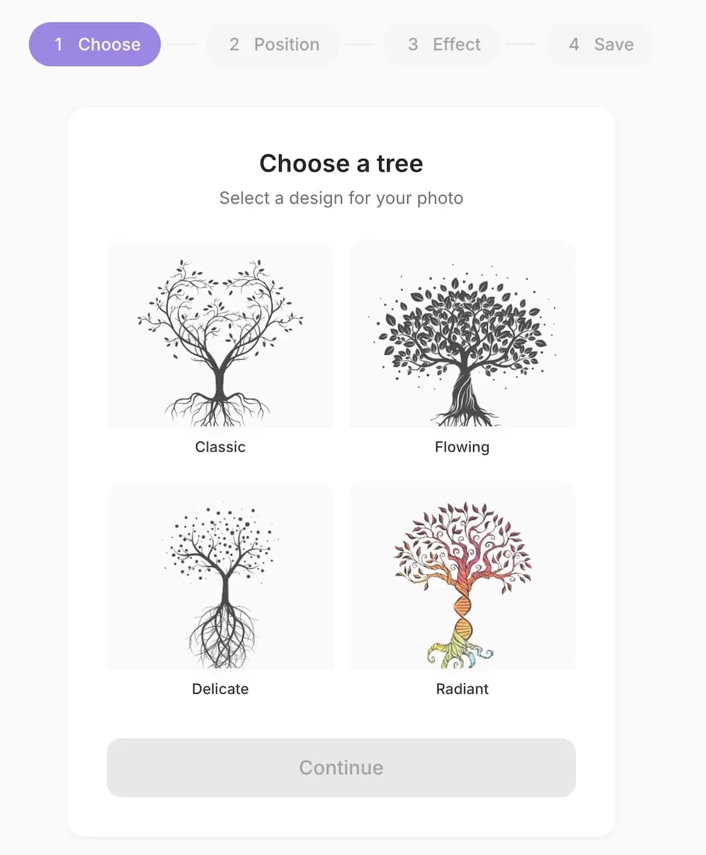 Tree selection screen showing Classic, Flowing, Delicate, and Radiant designs