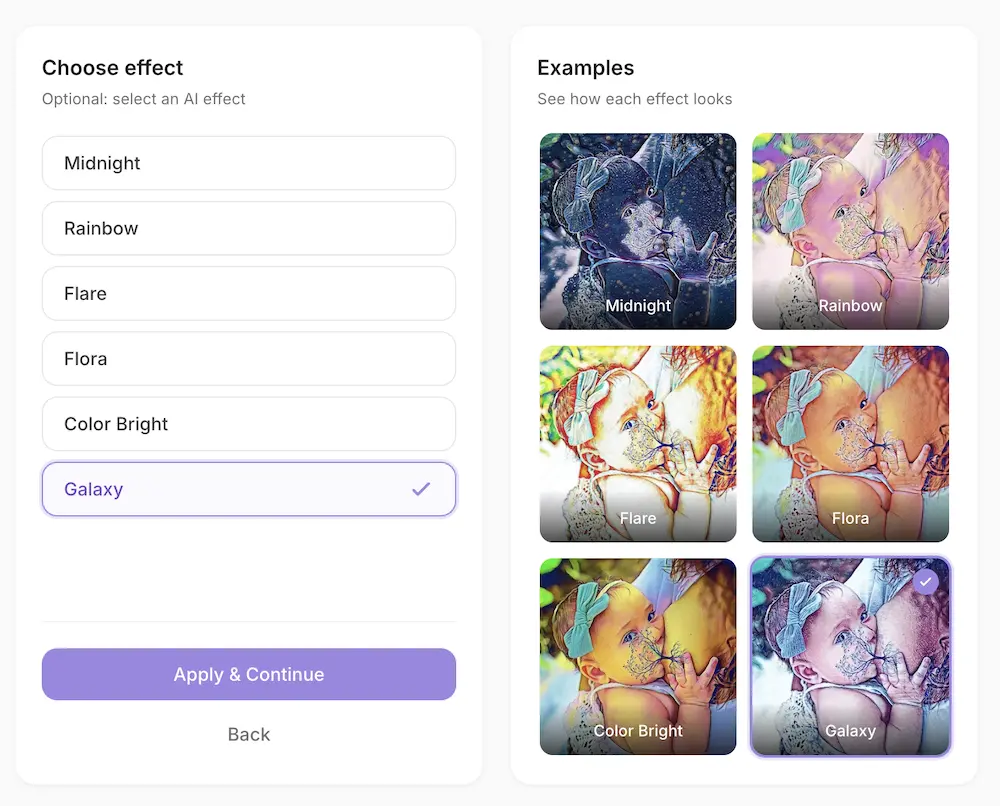 Effect selection screen showing Midnight, Rainbow, Flare, Flora, Color Bright, and Galaxy options