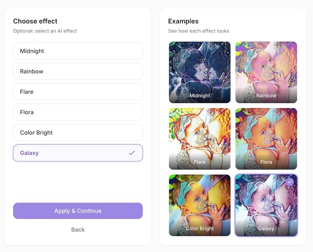 Step 4: Choose from effects like Galaxy, Midnight, Flora, and Rainbow with live previews