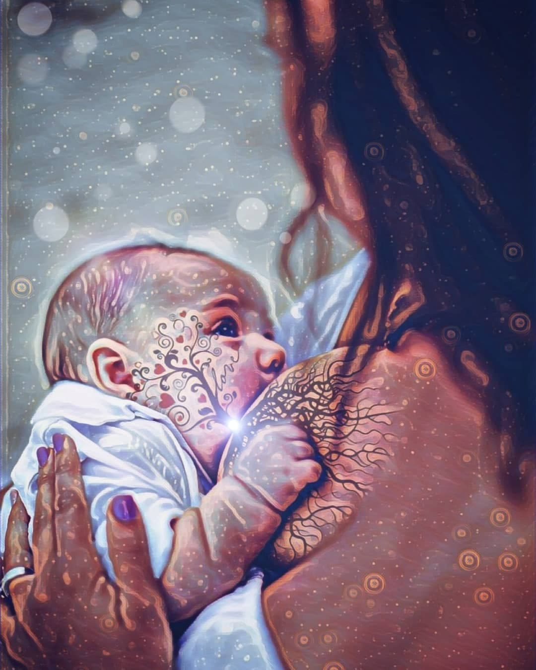 Close-up Tree of Life photo showing detailed tree overlay on nursing moment