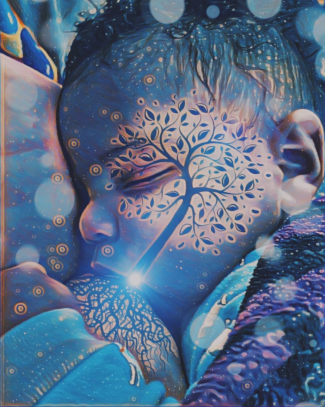 Tree of Life photo with mother and older baby, cool tones with bokeh effect