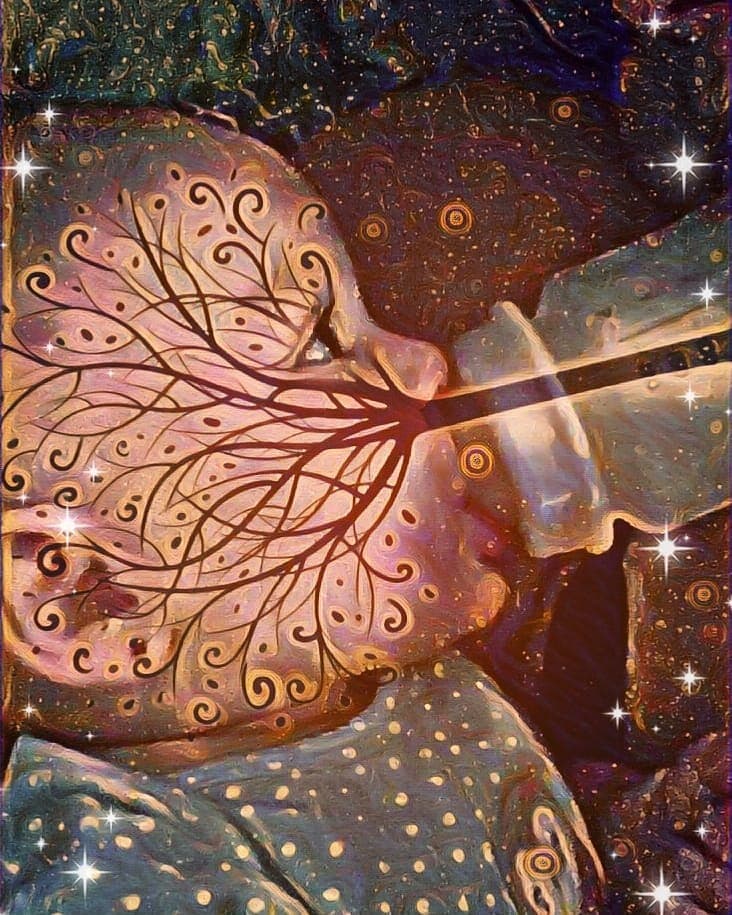 Deep blue Tree of Life photo with midnight effect, peaceful sleeping baby